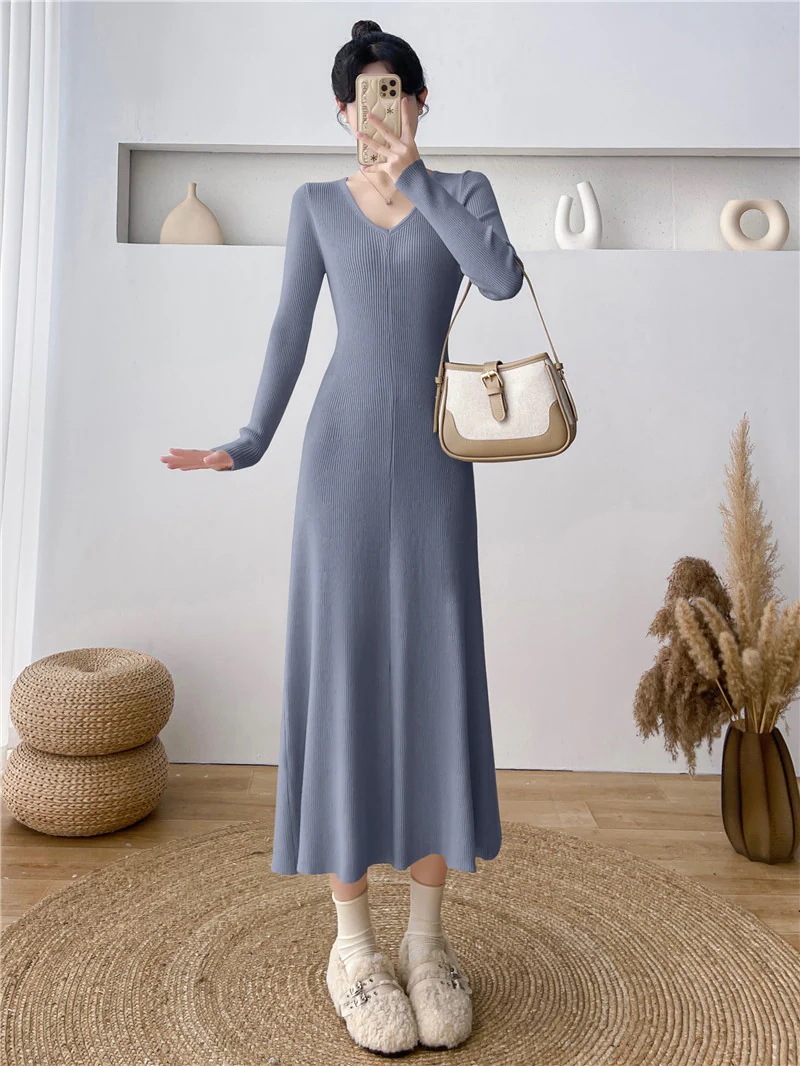 優しい風青底インナードレス子供秋冬モデルウエスト薄い気質セーターワンピースニットロングスカート