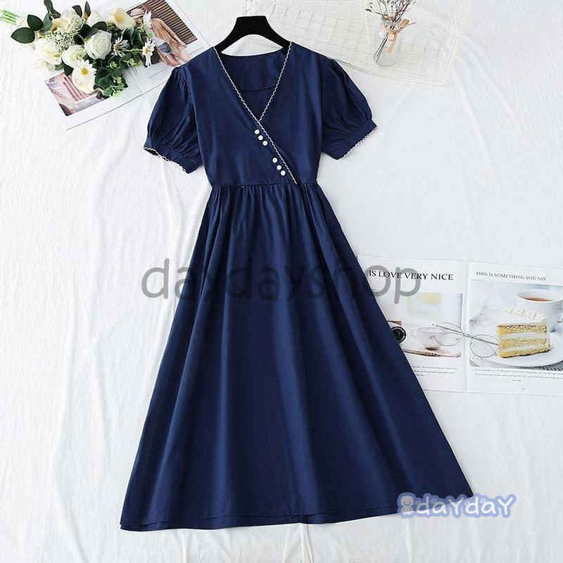 ワンピース フレアワンピ カシュクール 無地 半袖 ボタン 着痩せ クラシカル シック 高見え ブルー グリーン ネイビー ベージュ ホワイト