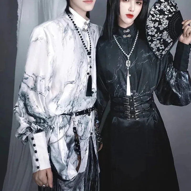 チャイナ風シャツ オリジナル スタンドカラー 改良漢服 黒白 モダン プリント 男女兼用 トップス1246