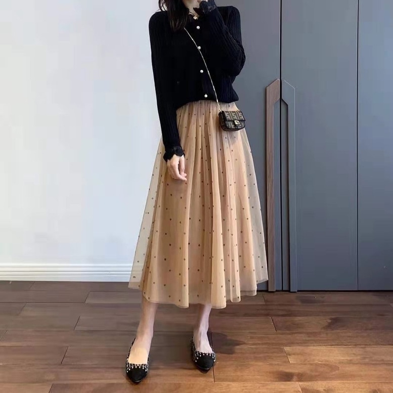 スカート レディース 花柄ドットチュールスカート レース ドット柄 ロング丈 ひざ下 ミモレ丈