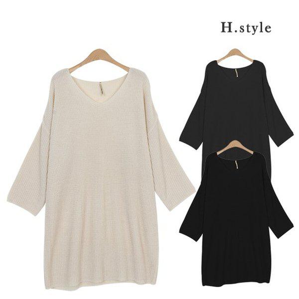 HスタイルPDニットVワンピース/ビッグサイズ/春/OPS/シフォン/ホームウェア/ロングT/カジュアル