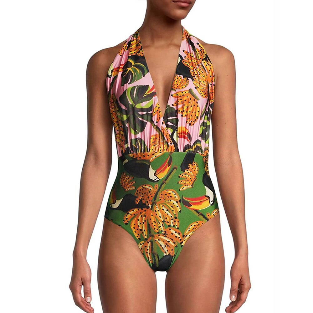 女性用プリントクロスストラップ水着,Vネック,セクシー,透かし彫り,ホルタートップ,ハイウエスト,ビ