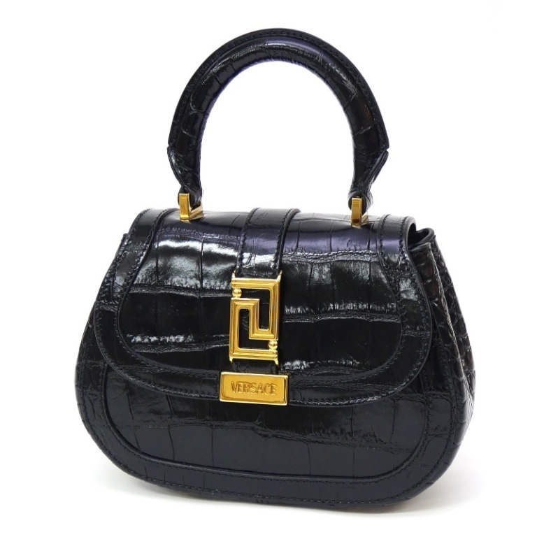 ヴェルサーチェ VERSACE 2WAYバッグ グレカ ゴッデス ミニ トートバッグ 黒 レザー 【中古】(66031)