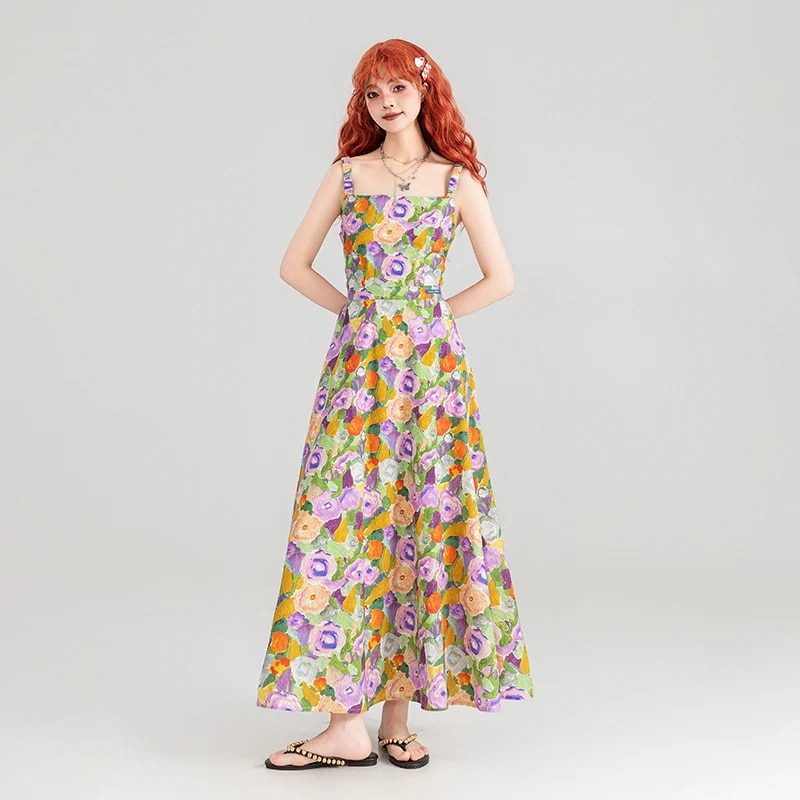 【高品質です】優しい油絵風花柄ワンピース24サマーフレンチリゾート風ウエスト絞りゴムサスペンダーロングスカート