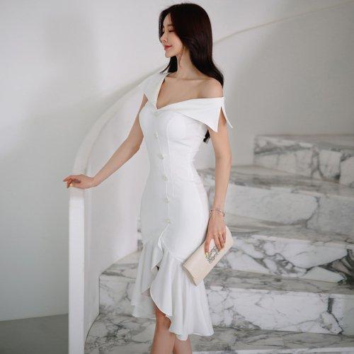 キャバドレス ナイトドレス ミディアムドレス オフショルダー マーメイドライン タイト ワンピース レース フリル レディース グラシア