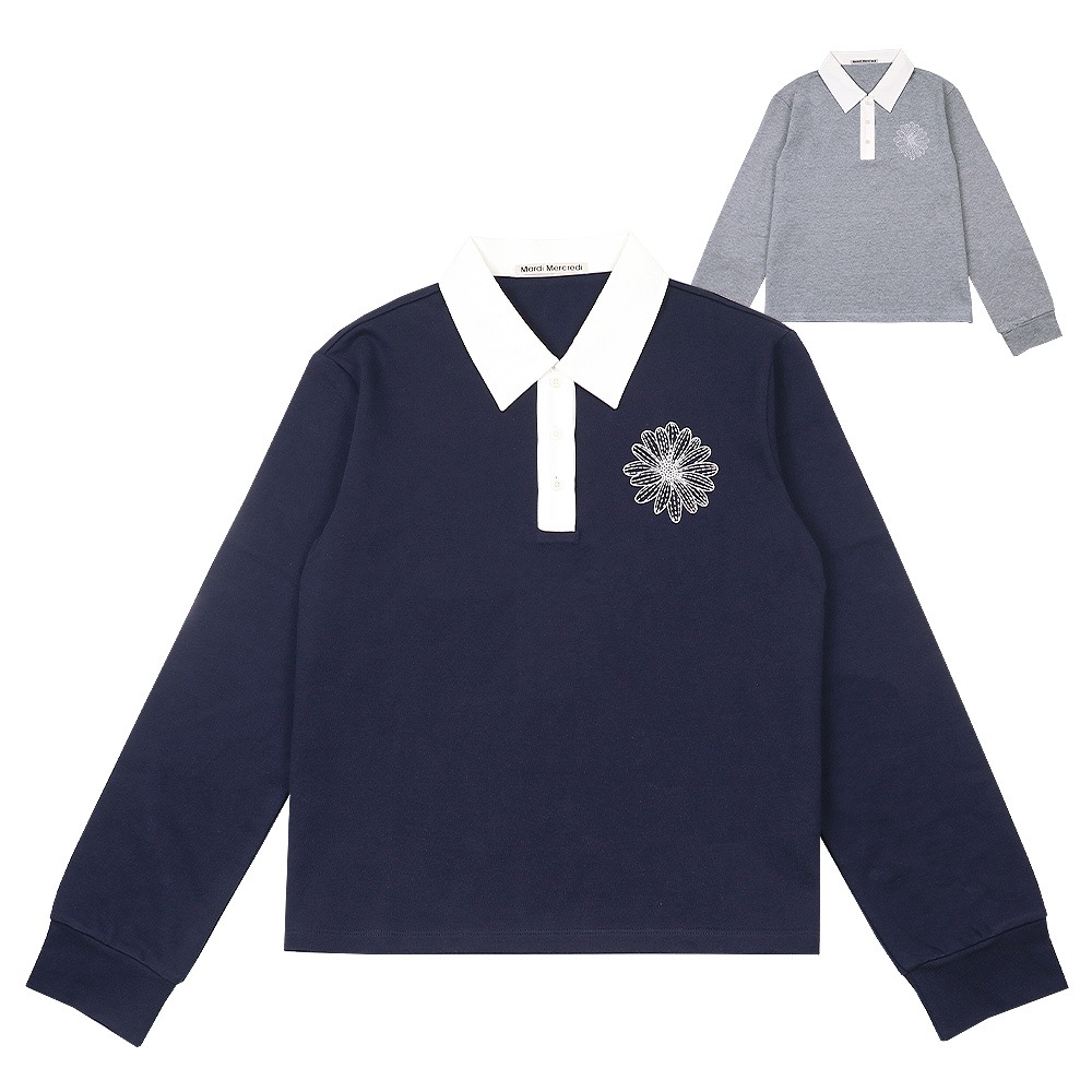 スウェット CROPPED SHIRT PIQUET FLOWER 長袖 レディース 韓国 ファッション アパレル 刺繍