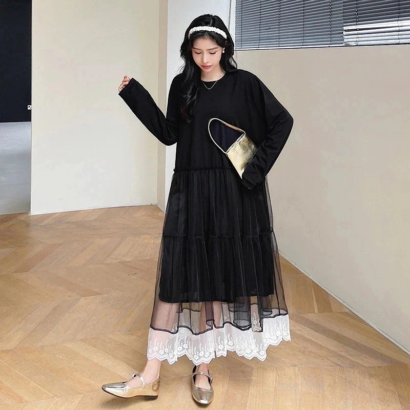 春夏 ワンピース ゆったり 着痩せ メッシュ ロングワンピース 長袖ワンピース レディース30%制限