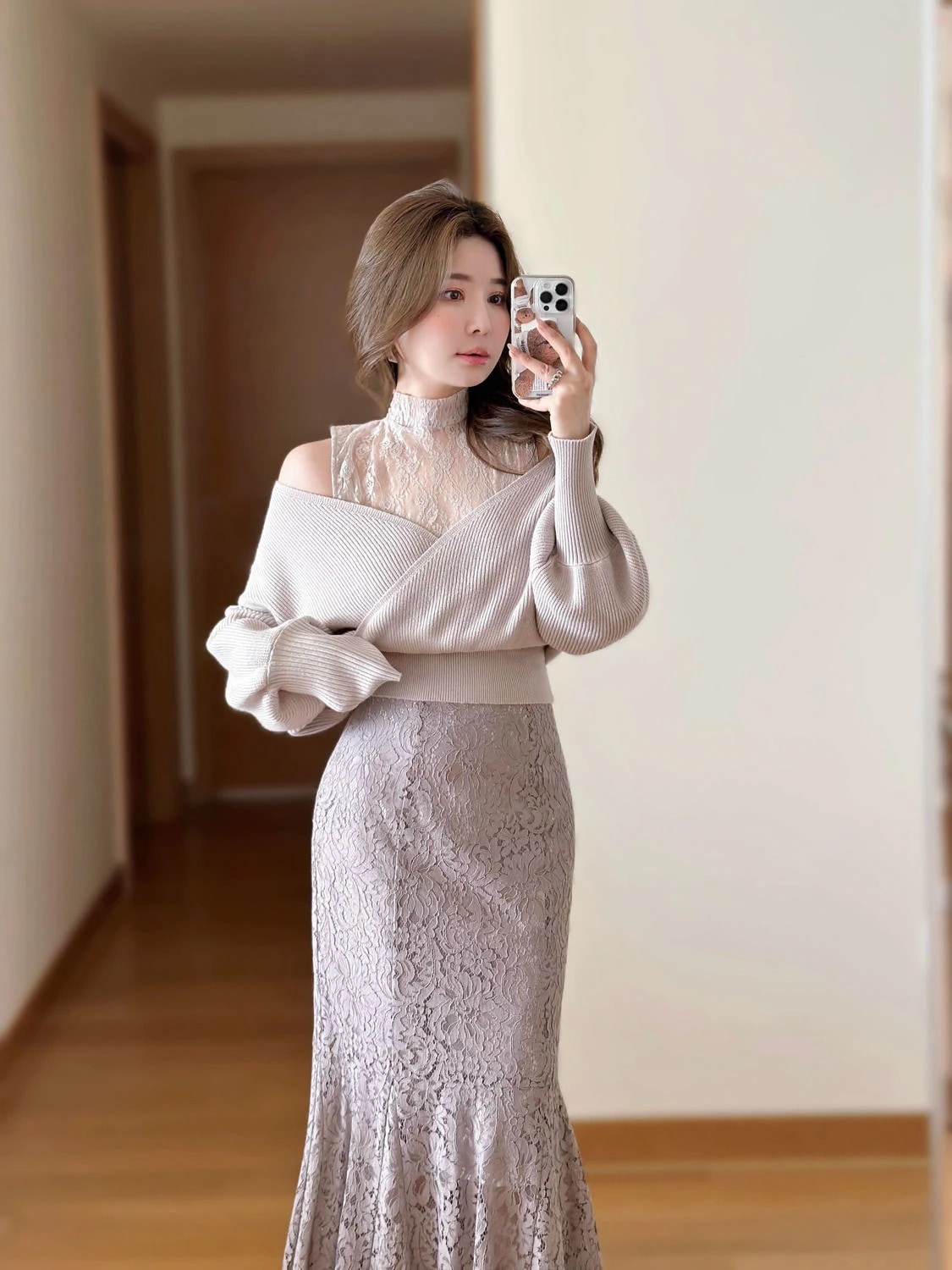 【急速出荷!】セットアップ レース ツーピース・スーツ ニット ジャンパー フィッシュテール スカート ロングスカート