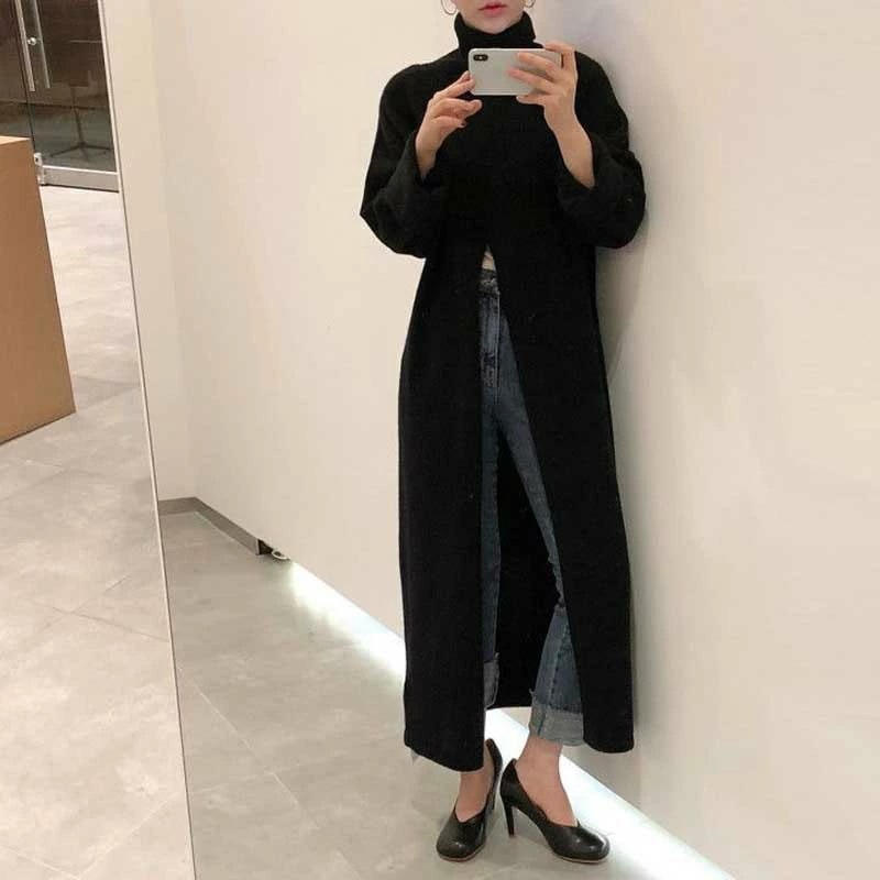 大 レイヤード風 カジュアル ロングニット センタースリット ワンピース風 タートルネック ハイネック ニット トップス 5,340円