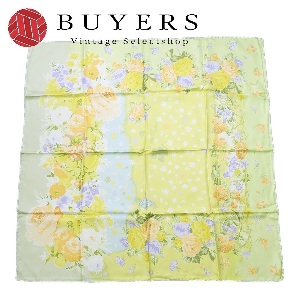 中古 スカーフ シルク マルチカラー グリーン イエロー フラワー おしゃれ 小物 レディース 女性