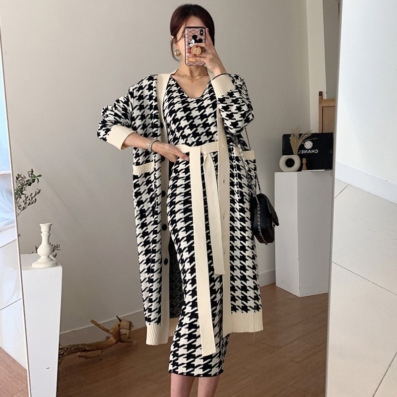 【セットアップ】千鳥格子柄ワンピース＋Vネックカーディガン ルーズ エレガント 韓国 ツーピース a2579
