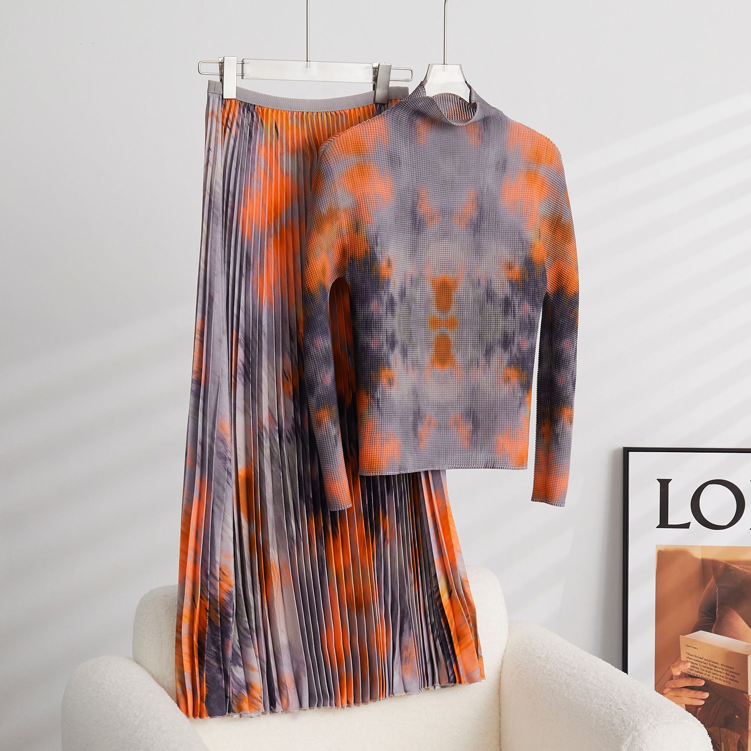 プリーツ長袖トップスレディースファッションプリントハーフタートルネックプルオーバー服薄手