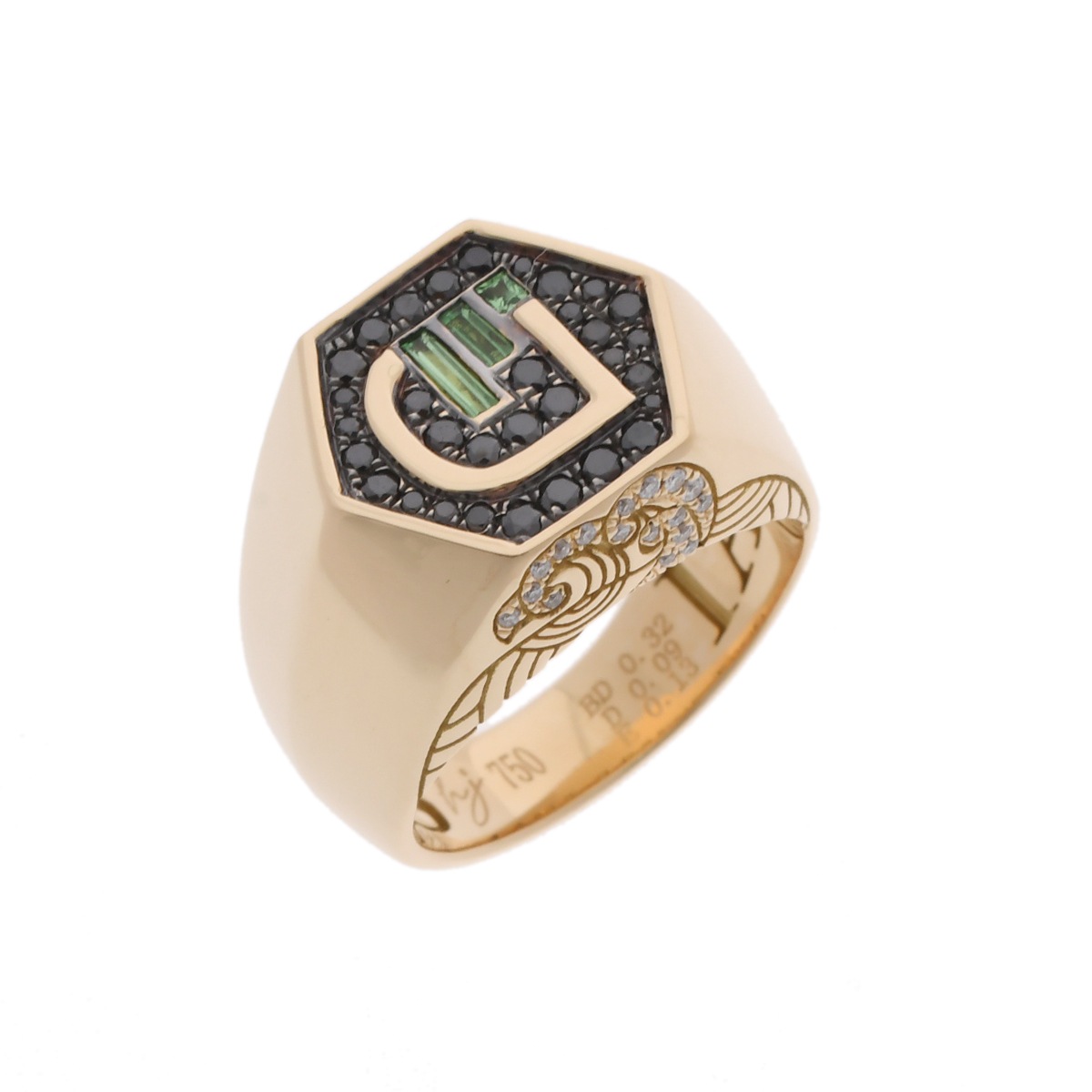 エメラルド0.13ct ブラックダイヤ0.32ct ダイヤ0.09ct ゴールド/ブラック/グリーン 11号 レディース K18イエローゴールド YG リング・指輪 Aランク 中古 銀蔵