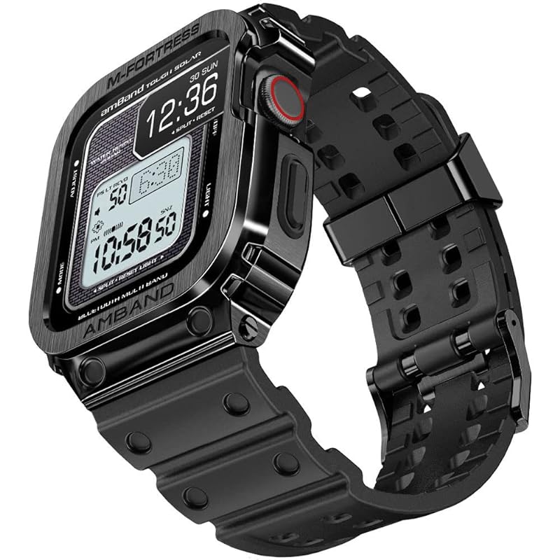 【2022改良モデル】 コンパチブル Apple Watch バンド 44mm ステンレス鋼ケース付き 頑丈なメンズTPUベルト 一体型 アップルウォッチ バンド スポーツバンド iWatch Ser