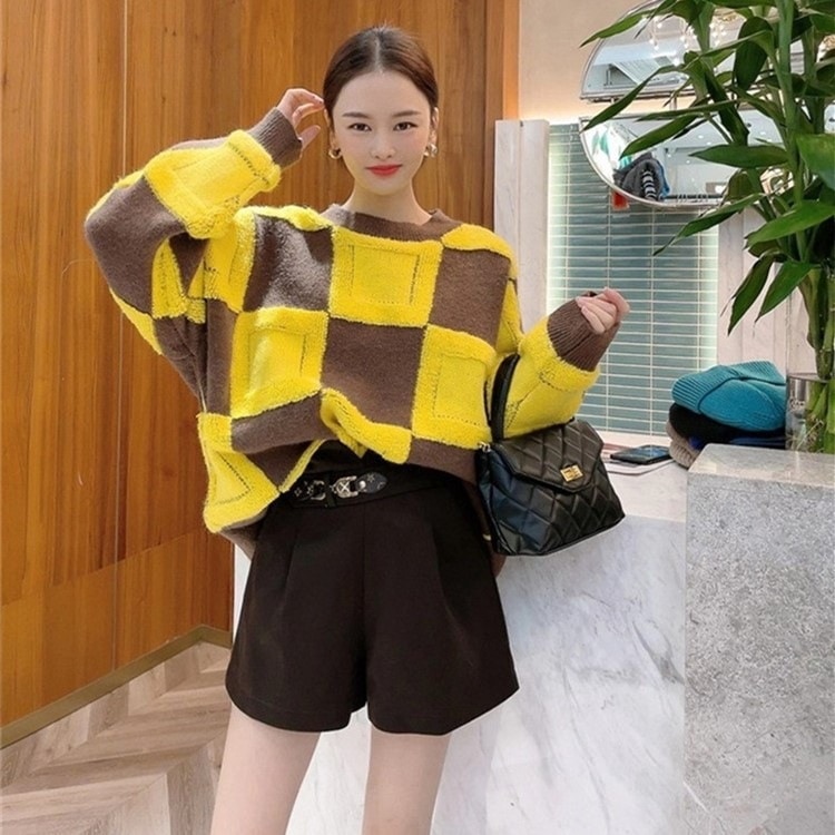 セーター ニットセーター ニット ラウンドネック 長袖 プルオーバー ルーズ 市松模様 韓国 レディース かわいい 可愛い キュート 大人可愛い 大人女子 シンプル きれいめ カジュアル
