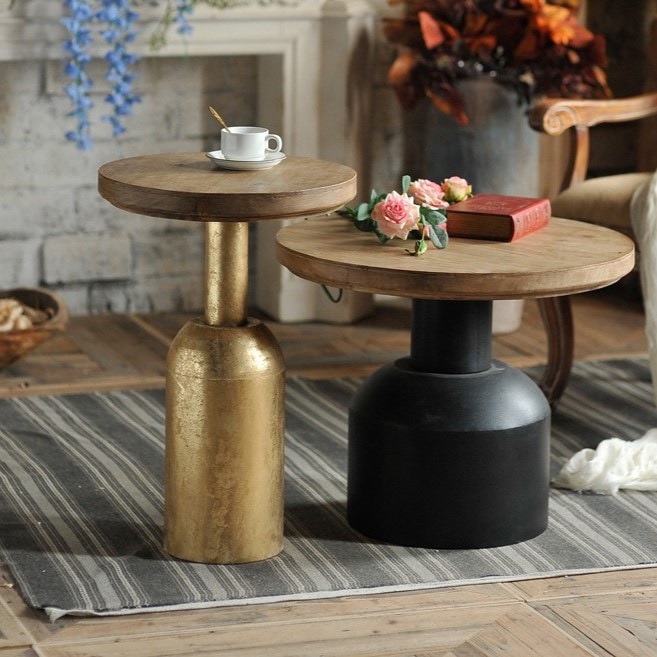サイドテーブル アメリカン カントリー レトロ おしゃれ かわいい インテリア 木目 シャビー ヴィンテージ風 モダン ブラック ゴールド
