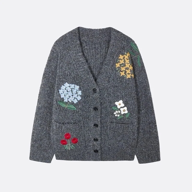 【3日出荷】刺繍vネックニットカーディガンレディース2025秋冬新作ゆったり大きめ厚手長袖セーターコートレディースアウターモヘアニット ノルディックニット