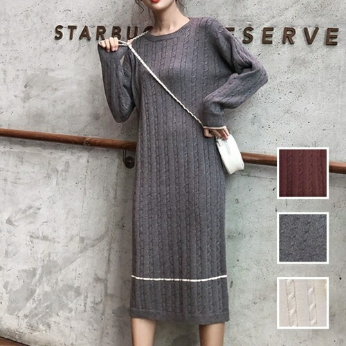 ワンピース カジュアル ロング マキシ丈ワンピ 韓国 ファッション レディース 秋 冬 カジュアル コーデ シンプル 定番 セレカジ 20代 30代 40代 2025 ライン ケーブルニットワン