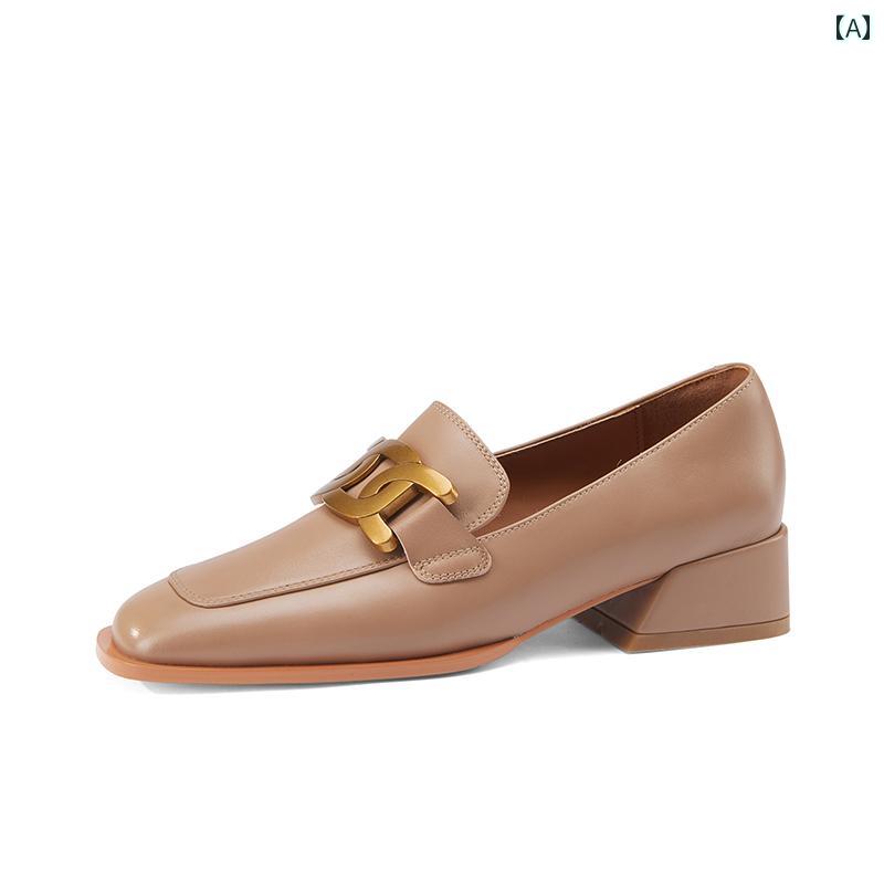 ローファー レディース オフィス 通勤 仕事 ブラウンレザー 女性 厚手 ヒール スクエアトゥ 深口 シングル シューズ 女性 小さい 革靴 英国 スタイル 10,642円