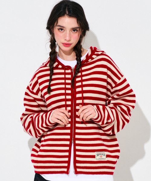 Qoo10 SLOW ACID STRIPE KNIT HOOD プリン