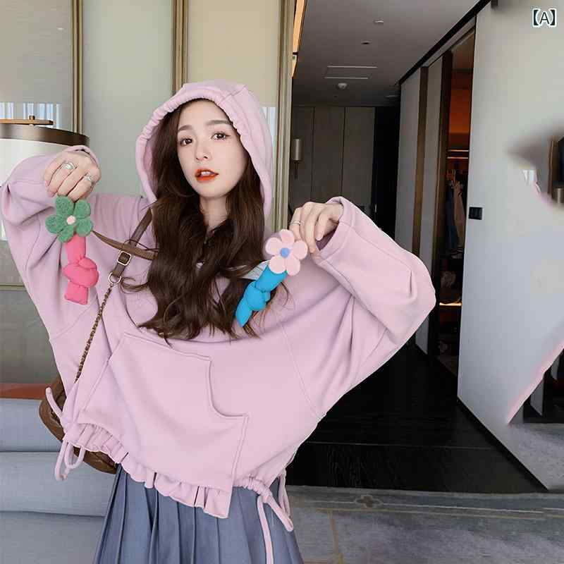 パーカー スウェット レディース ショート丈 フーディー おしゃれ かわいい 花 フリル 春秋 韓国 ファッション ピンク
