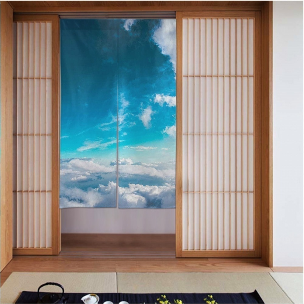 カーテン3456in 青-空-雲-飛行-印刷 良いドレープ滑らかでしわになりにくい