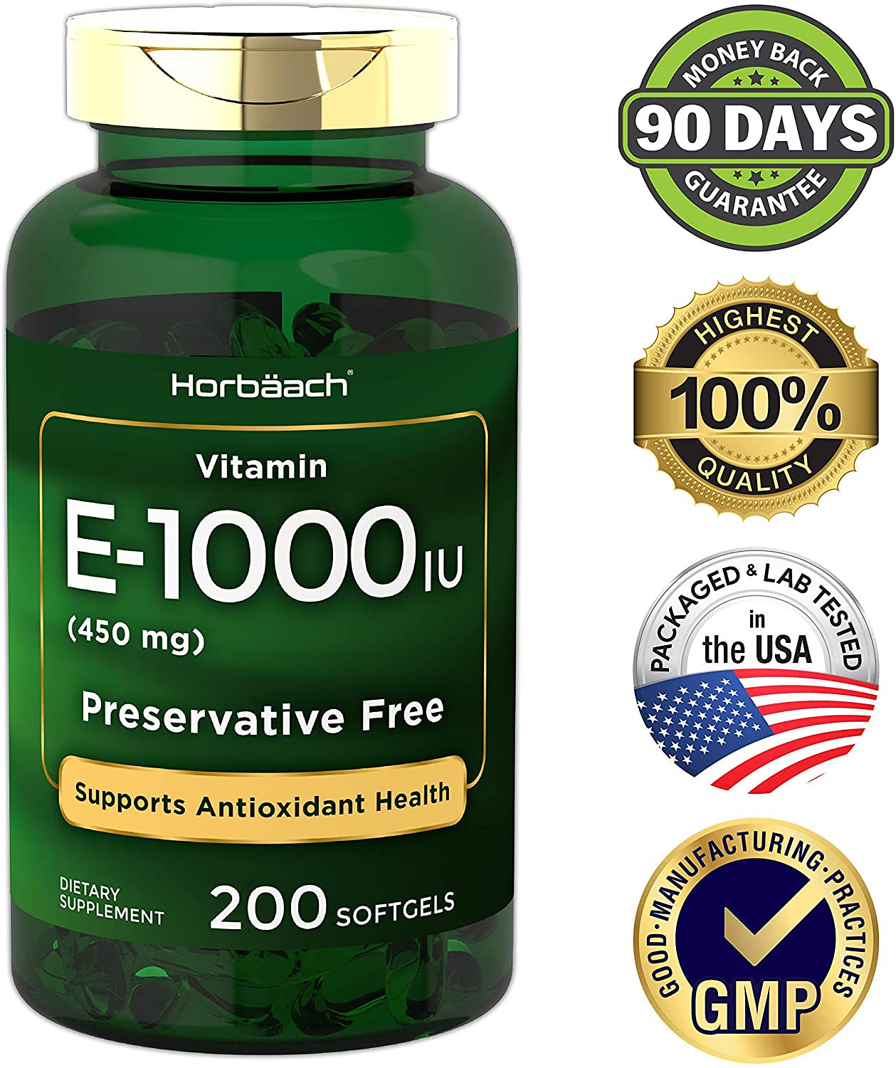 Vitamin E Capsules 1000 IU 200 Softgels Non-GMO Gl