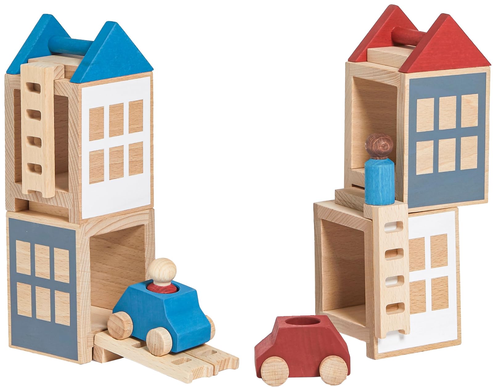 lubulona ルブロナ 積み木 ベーシックタウンセット 人形付き ミニカー付 レッド×ブルー 知育玩具 木のおもちゃ 男の子 女の子 LL121301