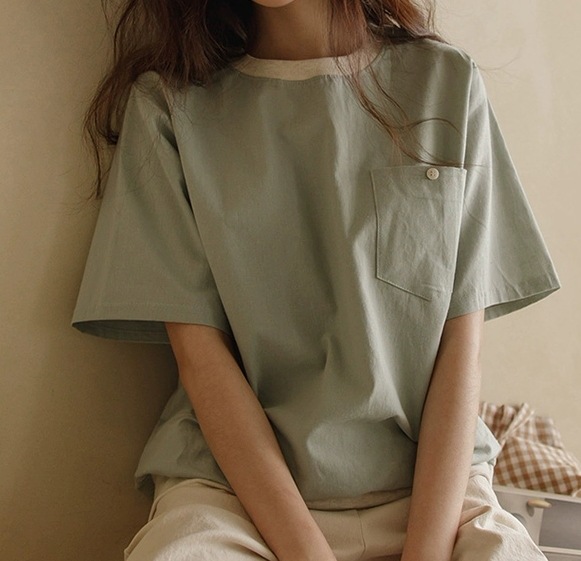 カットソー ポケット付き シンプル トップス Tシャツ シャツ ショート丈 レギュラー丈 半袖 Uネック スリム タイト 細身 ストレート ワイド スマート 裾イン 薄手 大人可愛い シンプル