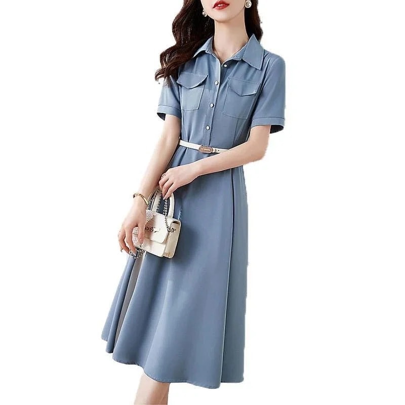 レディースワンピースシャツワンピミモレ丈膝下丈ハイウエストカジュアルシンプル大人可愛いフェミニンおしゃれお出かけデイリー普段着きちんと感バイカラーライトブルーSMLXL2XL大きいサイズ30%までに制