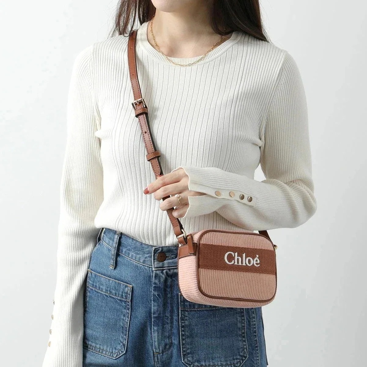 Chloe KIDS クロエ キッズ ショルダーバッグ C20273 レディース ガールズ クロスボディ コーデュロイ ロゴ刺繍 鞄 454/PALE-PINK