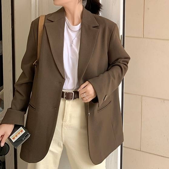 ジャケット レディース ロング アウター ショート丈 スーツ シングルブレスト Vネック シンプル 無地 大人カジュアル きれいめ コーデ 着回し 長袖 ボタン オフィス ブラウン ベーシック 定番