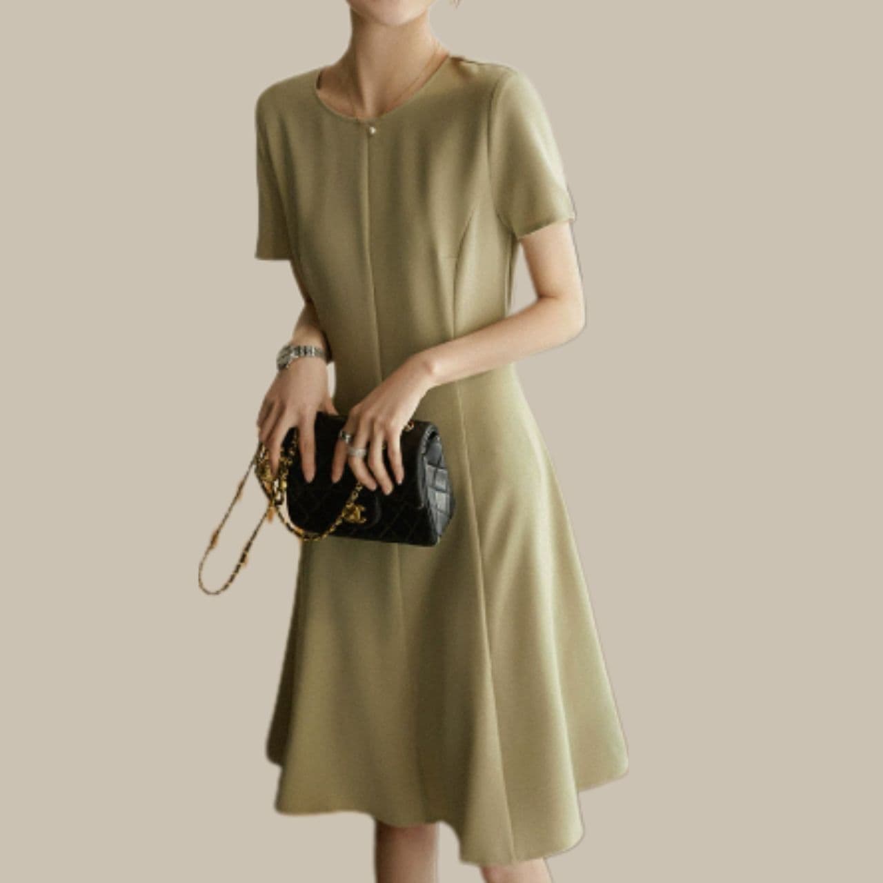 ワンピース レディース ミドル丈 半袖 ラウンドネック Aライン 着痩せ効果 タック ハイウエスト 大人可愛い きれいめ シンプル 上品 おしゃれ エレガント ラグジュアリー ベーシック ナチュラル