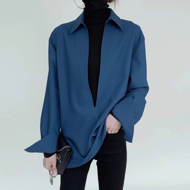 2color レディース シャツ トップス Vカットプルオーバーシャツ 襟付きシャツ