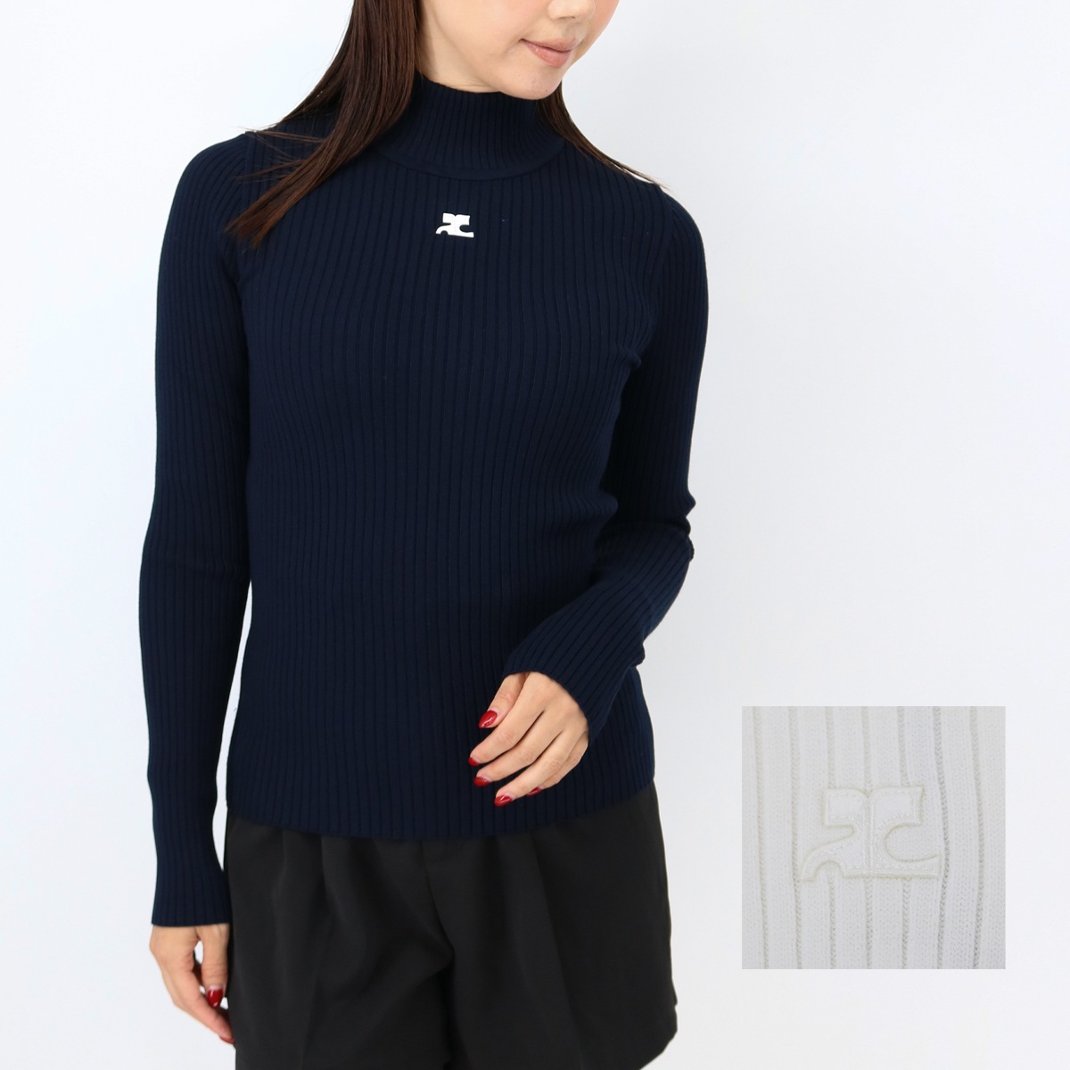 COURREGES クレージュ リブニット モックネックセーター REEDITION PERMPU022 FI0001 WHITE NAVY ハイネック ロゴ レディース