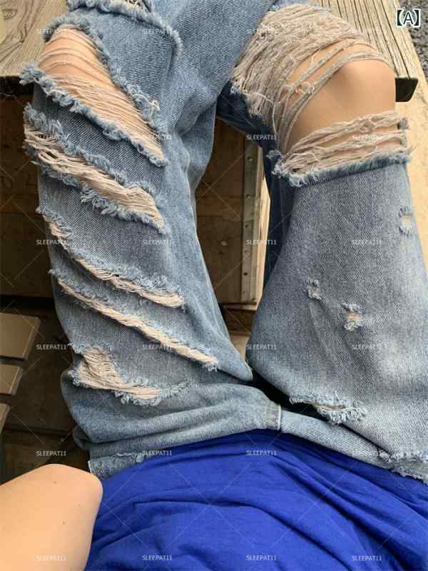 デニムパンツ レディース ダメージ ジーンズ クラッシュ ボトムス レトロ カジュアル ハイウエスト ストレート 韓国 ブルー