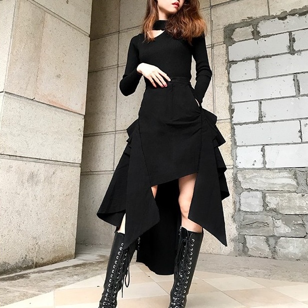 スカート 新作 冬 ティアード フレアスカート アシンメトリー パンク ルーズ ラフ ミドルロング丈 ストリート バックロング リゾート カジュアル ハイウェスト ボタン セクシー モテコーデ