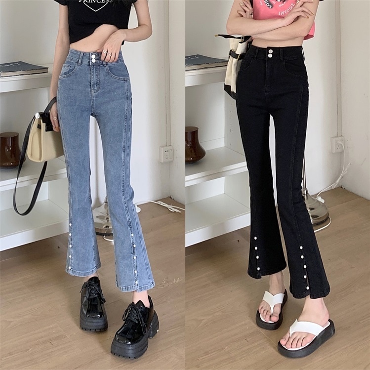 パンツ ジーンズ スタイリッシュ ハイウエスト スリム ワイドレッグパンツ 9分丈パンツ フロントスリット ボタン ジッパー ポケット レディース カジュアル 通勤 通学 着やすい おしゃれ