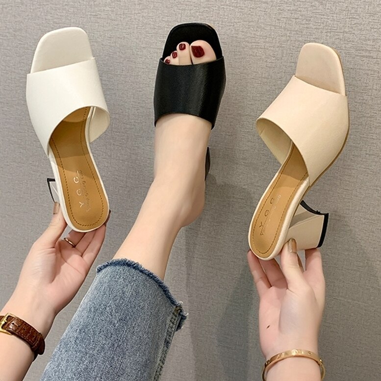 3color プレーンチャンキーヒールサンダル スクエアトゥチャンキーヒールミュールサンダル シュー