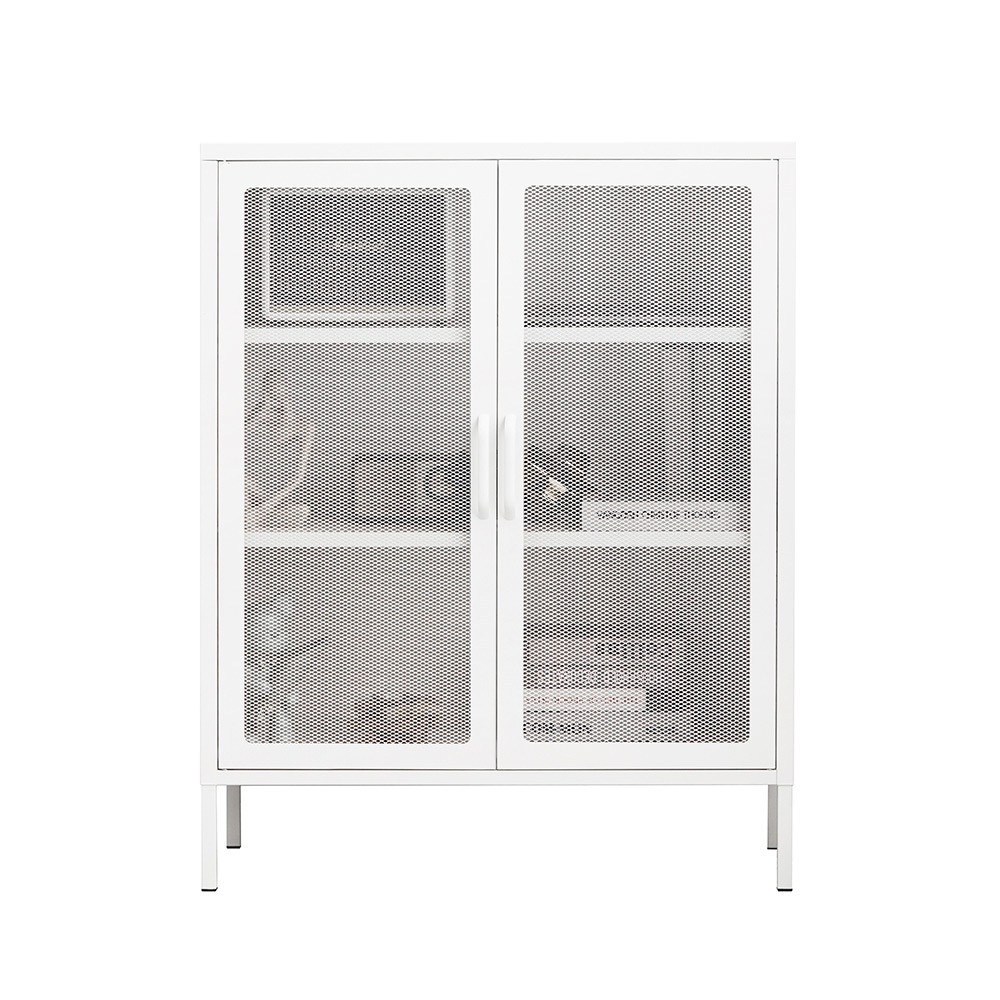 キャビネット サイドボード 収納棚 扉付き スチール製 可動棚 スリム 収納 オフィス 事務所 会社 店舗 病院 学校 更衣室 寝室 業務用 網面 簡単組立 頑丈 ホワイト