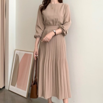 ワンピース フレアワンピース ミモレ ミモレ丈 ロング ロング丈 袖あり 長袖 ラウンドネック プリーツ リボン ウエストマーク ウエストリボン バックリボン かわいい 大人可愛い きれいめ 大人