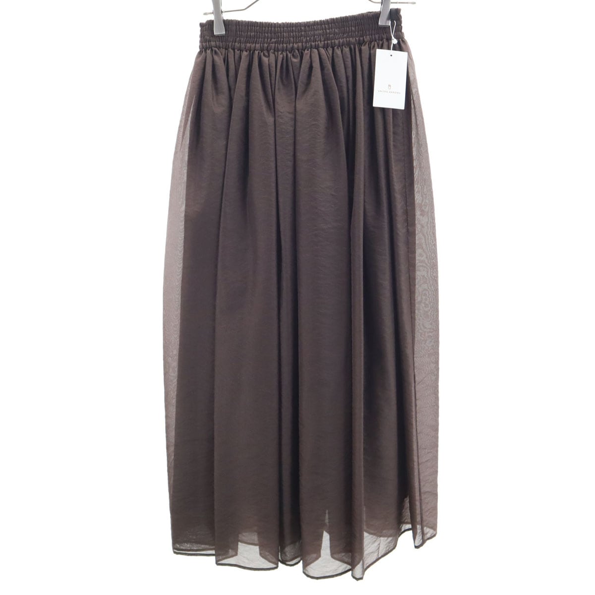 未使用 日本製 ロング丈 オーガンジー ギャザースカート 38 ブラウン レディース 古着