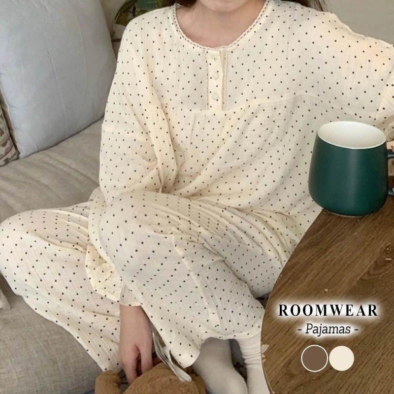 ルームウェア レディース 春秋 長袖 トップス ルームパンツ 上下セット セットアップ 2点セット ゆったり 部屋着 パジャマ リラックスウェア ヘンリーネック リップル生地 凹凸 ドット柄 キャンデ