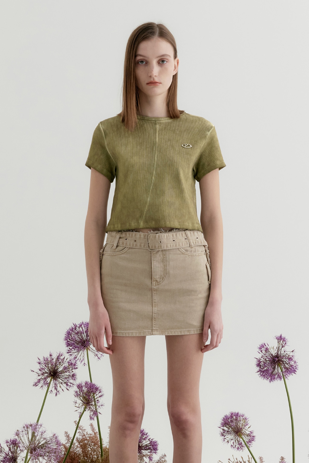 【YUSE】 WASHING RIBBED HALF SLEEVE TOP : LIGHT GREEN