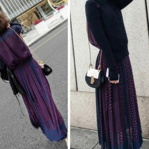 2019年秋　冬　ネイビー ニット ドッキング シフォン ワンピース ハートパターン　ニットとハート柄のシフォンパターンがレディーライクなワンピース　大人の女性