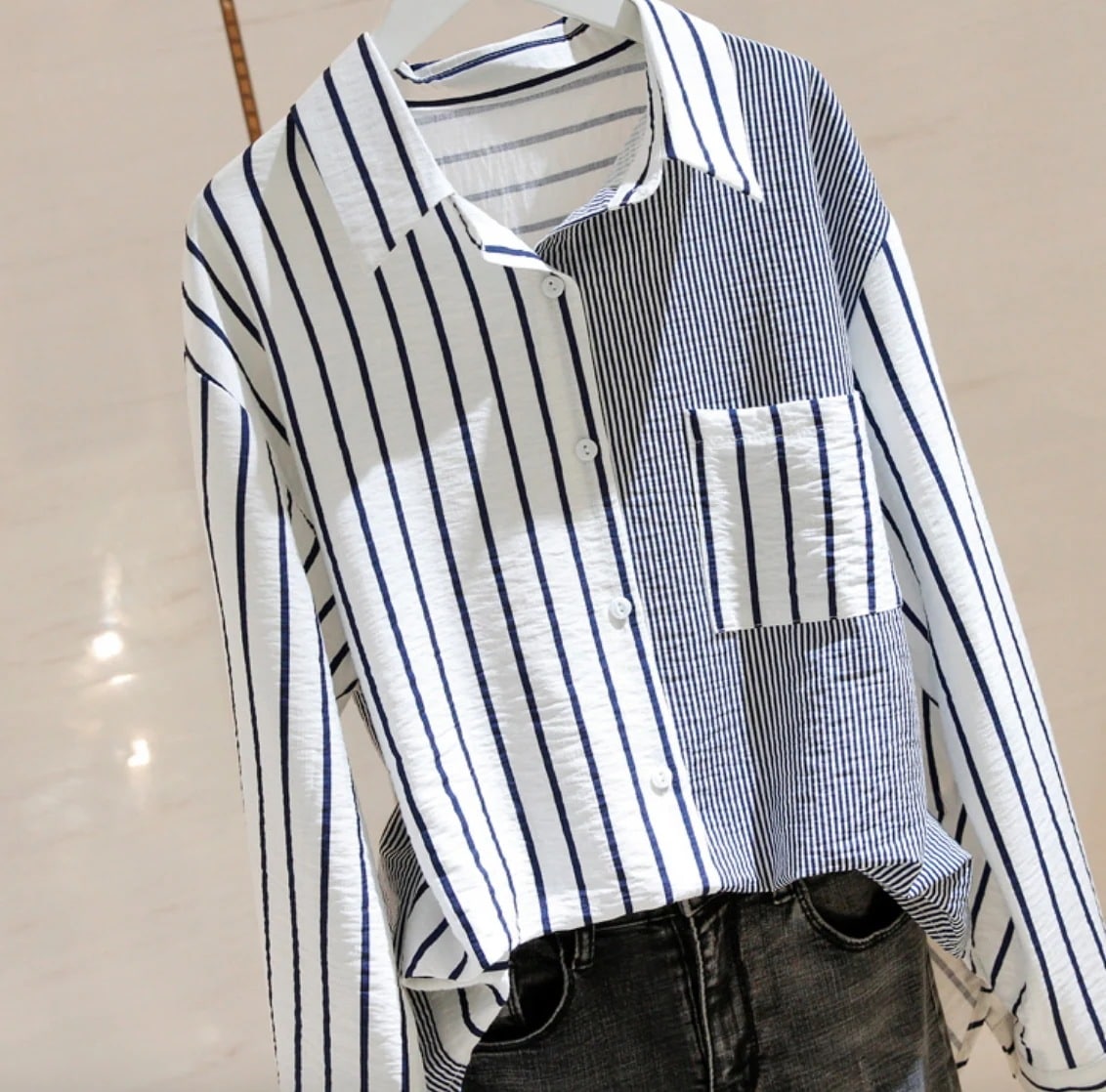 トップス デート かわいい 大人可愛い きれいめ シンプル カジュアル 大人 上品 おしゃれ お洒落 長袖 シャツ 襟付き ストライプ ポケット付き 春 オフィス 通勤 休日 ブルー XL 韓国 モテ