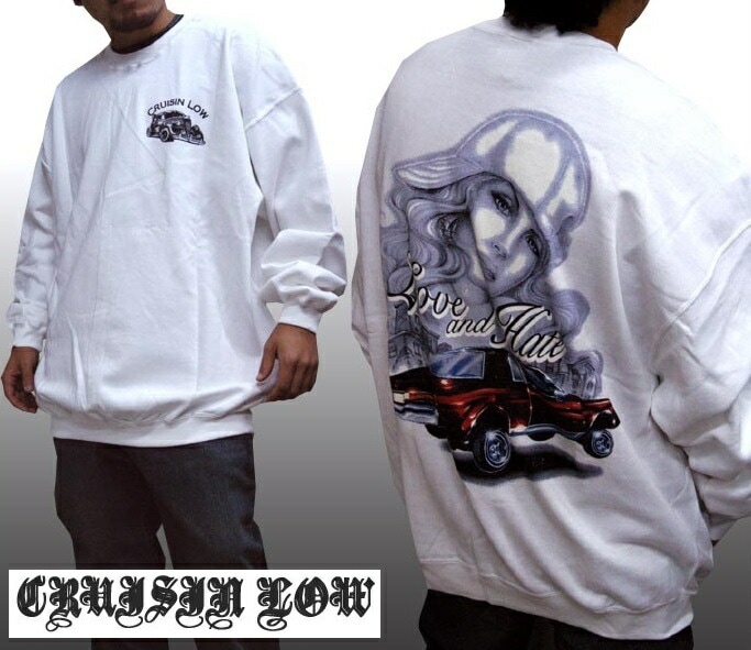 セール クルージングロー メンズ ローライダー スエット ホワイト LOVE＆HATE スウェット トレーナー CRUISIN LOW LOWRIDER ストリート スタイル HIPHOP ウェア
