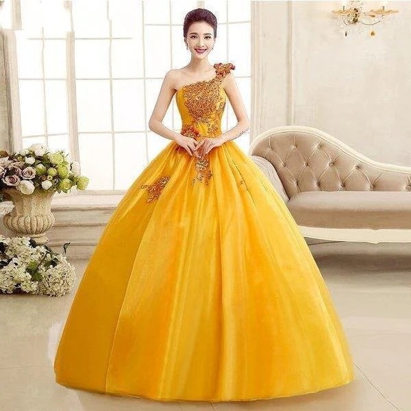 ウエディンドレスロング丈ライエロー豪華レースシングル肩気質優雅大きいサイズ結婚式スパンコール二次会演奏会花嫁撮影編み上げ式