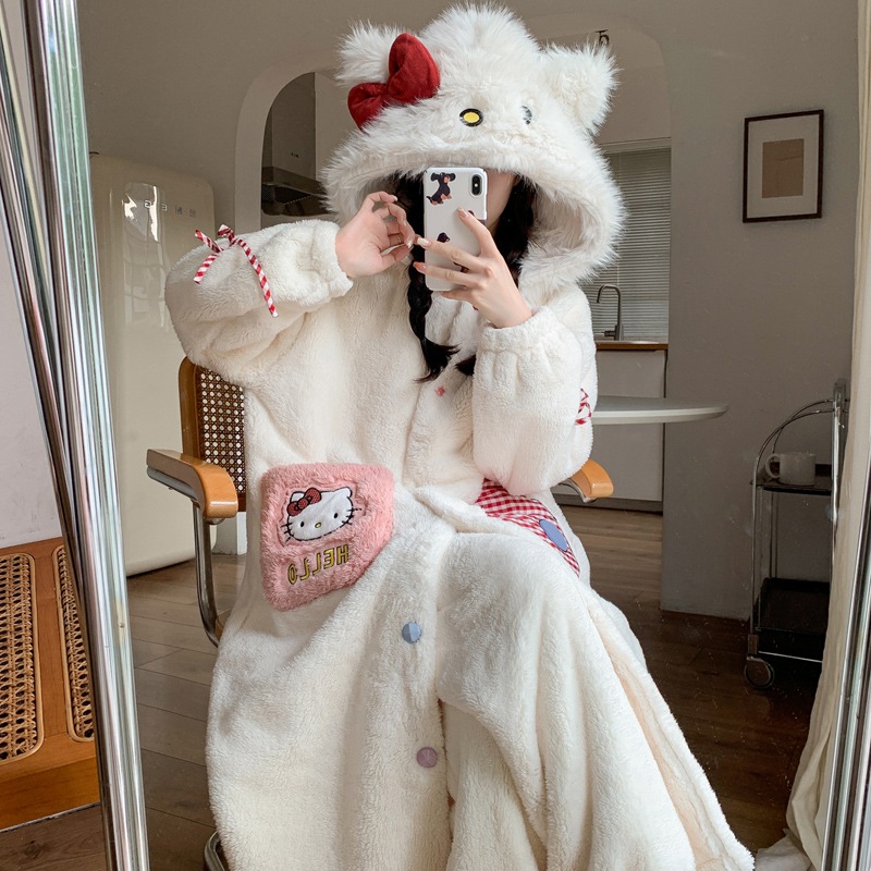 2024 ナイトガウン レディース 秋冬 パジャマ 厚くて暖かい コーリース フード付き かわいい猫 ホーム服セット