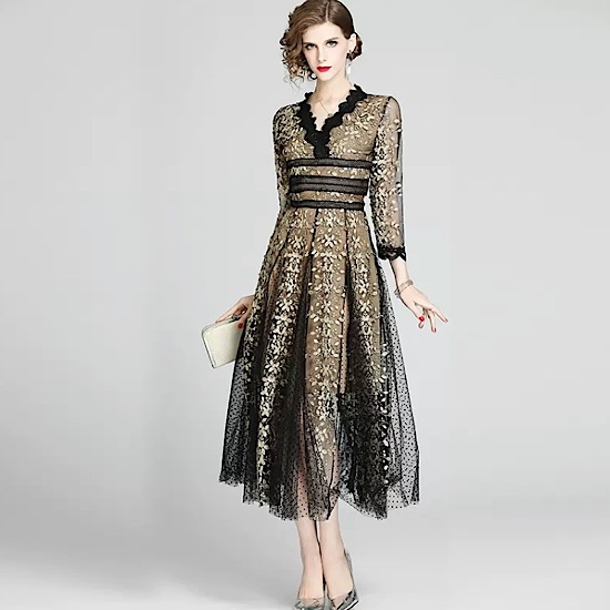 【取寄：納期2週間】結婚式ドレス 刺繍 レース ハイウエストVネック キラキラ 発表会 演奏会 レディース 結婚式 ステージ衣装 ミモレ丈 エレガント ウエディングドレス カラードレス 長袖